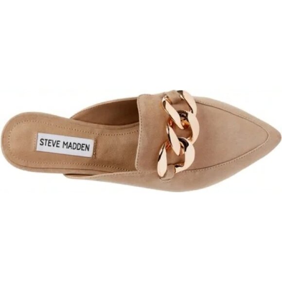 Steve Madden Finely Tan Beige Pointed Toe Gold Chunky Chain Slip On Mules  9.5 - Picture 15 of 15